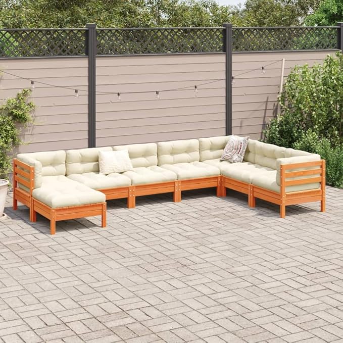 8 Piece Patio Sofa Set with Cushions, Outdoor Dining Sets Sectional Sofa Porch Furniture Set Patio Conversation Set for Poolside Negotiation Area Garden Exhibition Wax Brown Solid Wood Pine