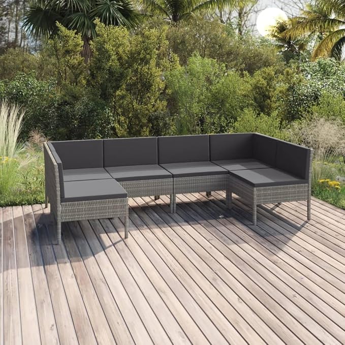 6 Piece Patio Lounge Set with Cushions,Patio Sofa,Outdoor Daybed,Outdoor Furniture Sets,Patio Seating,Patio Conversation Sets,Modern Set,Patio Furniture Set,Front Porch Furniture Poly Rattan Gray