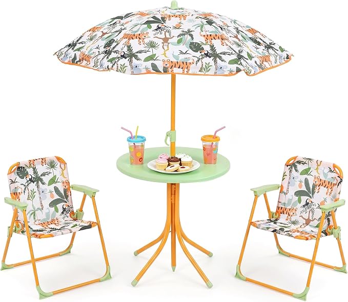 KOTEK Kids Picnic Table with Umbrella, Outdoor Table & 2 Folding Chairs, Cute Pattern Children’s Patio Furniture, Portable Kids Table and Chair Set for Backyard, Garden, Beach (Yellow Tiger)