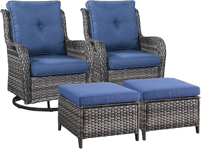 Rilyson Wicker Patio Furniture Set - 4 Piece Rattan Outdoor Patio Conversation Sets with 2 Swivel Rocking Chairs,2 Ottomans for Porch Deck Garden(Mixed Grey/Blue)
