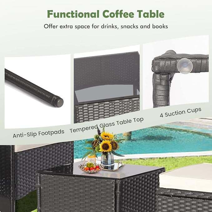 Tangkula 5 Piece Outdoor Wicker Sofa Set, Patiojoy Rattan Sofa Set with Coffee Table & 2 Ottomans, Rustproof Metal Frame, Soft Seat Cushions, Patio Conversation Set for Backyard, Poolside (Off White)