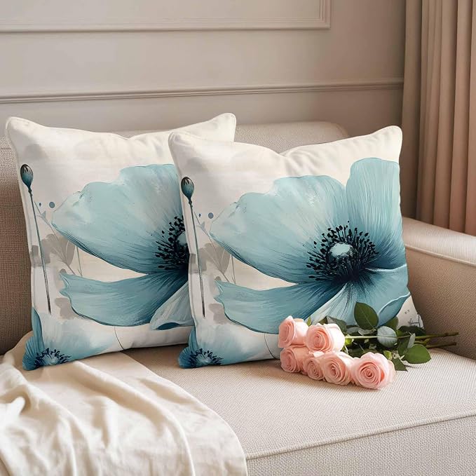 Blue Flowers Butterfly Outdoor Waterproof Throw Pillow Covers Set of 2, 16"x16", Watercolor Retro Leaf Pastoral Style Decorative Pillow Covers Outside Cushion Case for Patio Porch Garden