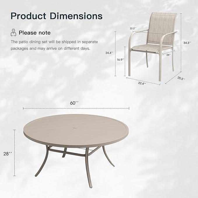 VICLLAX 11 Pieces Patio Outdoor Dining Set, 60" Round Metal Table with Umbrella Hole and 10 Stackable Textilene Chairs for Patio, Lawn, Garden, Porch, Sandshell
