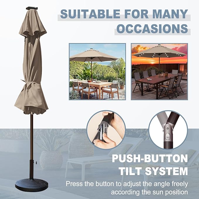 EliteShade USA 10-Year-Non-Fading 10ft Market Patio Umbrella, Commercial Grade Table Sun Umbrella with 80 Solar LED Lights, Crank Open, Windproof & UPF 50+ UV Protection for Garden, Deck, Pool, Backyard, Heather Beige
