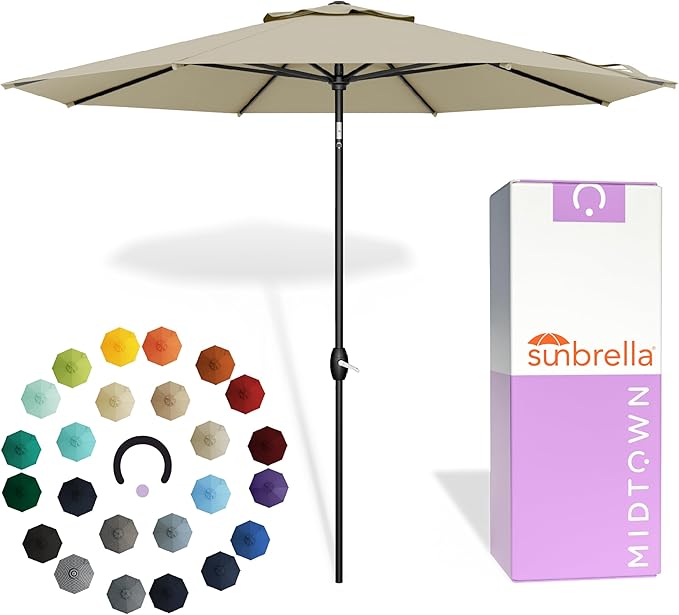 Midtown Umbrellas - The Lean 8 Ft Patio Umbrella with Fade-Resistant Sunbrella Fabric, Auto-Tilt Aluminum Frame and 8 Reinforced Ribs for Deck, Pool & Garden - Antique Beige Canopy, Black Pole
