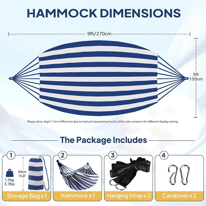 ANYOO Cotton Hammock Portable Camping Hammocks for Hanging Sturdy Garden Comfortable Fabric Hammock with Tree Straps Up to 660lbs with Travel Bag for Camping Outdoor/Indoor Patio Backyard