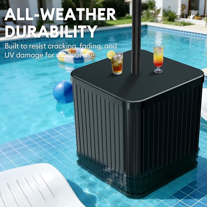 Umbrella Side Table - Hyperzoo Outdoor Patio Table with Umbrella Hole, Heavy Duty Plastic Poolside Table Holds 132 lbs with Water Filled Base, Fits ≤1.5”Umbrella Pole for Poolside & Backyard, Black
