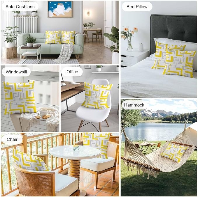 Geometric Outdoor Pillow Shams Set of 2, Decorative Pillowcases Cushion Case, Soft Throw Pillow Covers Waterproof Pillow Case 16x16 Inch, Abstract Lines Yellow Gray Modern Art