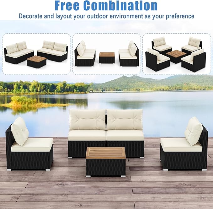 HAPPYGRILL 5 Pieces Patio Rattan Sofa Set, Outdoor Furniture Set with Seat & Back Cushions, Square Coffee Table with Acacia Wood Tabletop, Wicker Patio Conversation Set for Backyard, Poolside