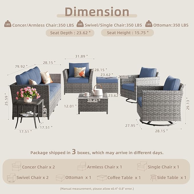 Fully Assembled & Spacious 9-Pc Outdoor Sofa Set, Patio Rattan Conversation Group with Rocking Chair and Tea Table