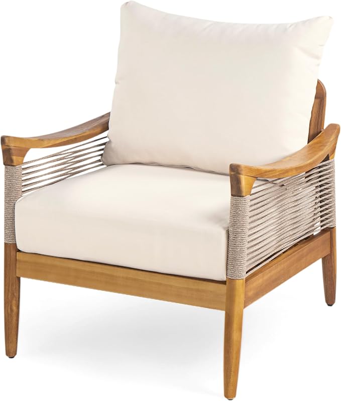 Christopher Knight Home Havets 4 Piece Patio Conversation Sets, Outdoor Acacia Wood Patio Seating Group,Woven Rope Loveseat Chairs with Cushions and Coffee Table for Porch Backyard Balcony, Teak+Beige