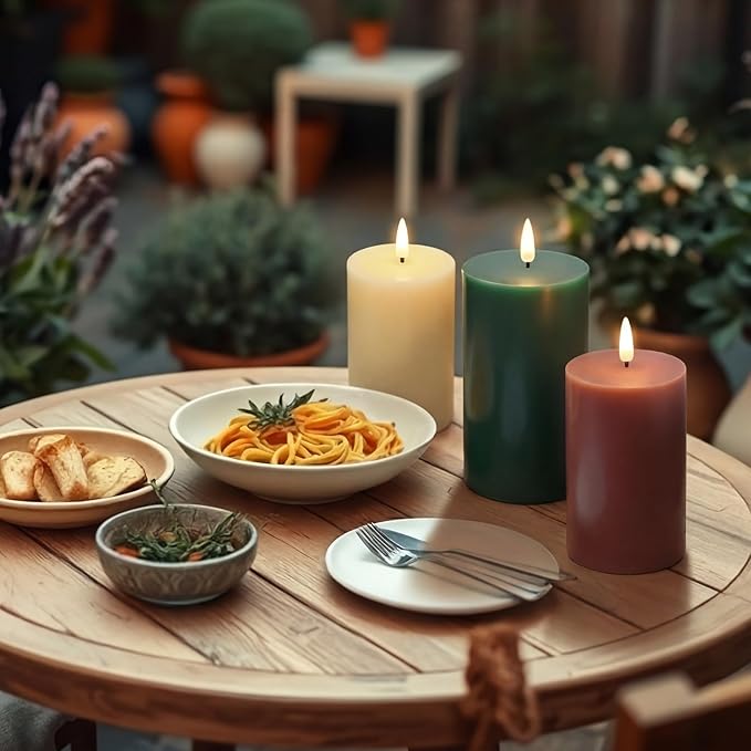 6 Pcs Flameless Candles Battery Operated LED Flickering Flameless Pillar Candles with Remote Real Wax Khaki Brown Green Table Decorations for Spring Wedding Home Decor