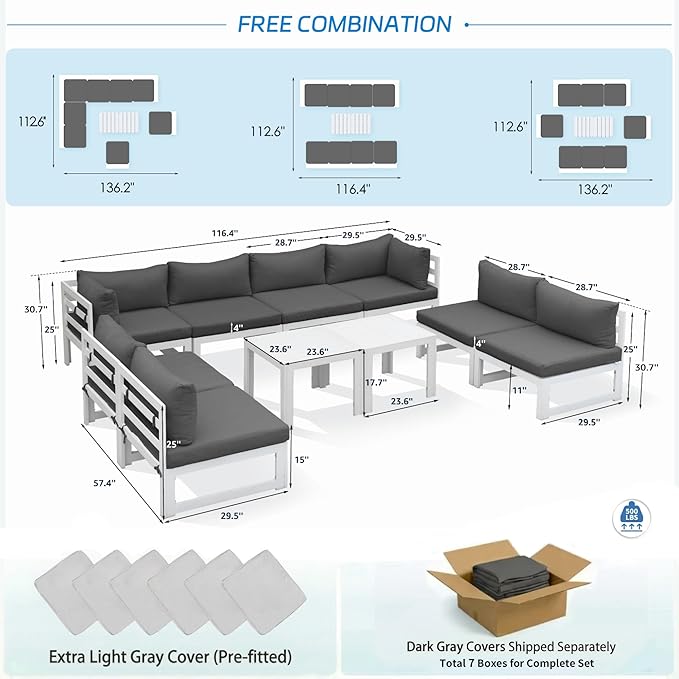 NICESOUL L Shaped Modern Aluminum Outdoor Patio Furniture Set, 29" XL Large Wide Deep Sitting, Fade Resistant Modular Sectional Sofa Set of 10, 500 lbs Sturdy Conversation Set for Backyard, Dark Gray