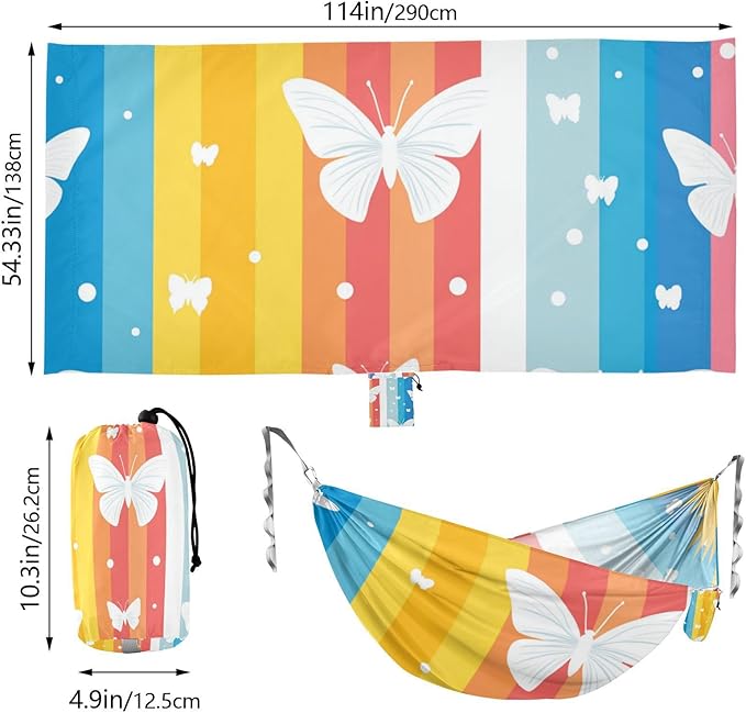 White Butterflies and Stripes Outdoor Hammock with Hanging Rope Hanging Hammock for Outside Patio Garden