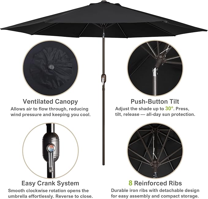 Blissun 10FT Outdoor Patio Umbrella, Outdoor Table Umbrella, Yard Umbrella, Market Umbrella with 8 Sturdy Ribs, Push Button Tilt and Crank