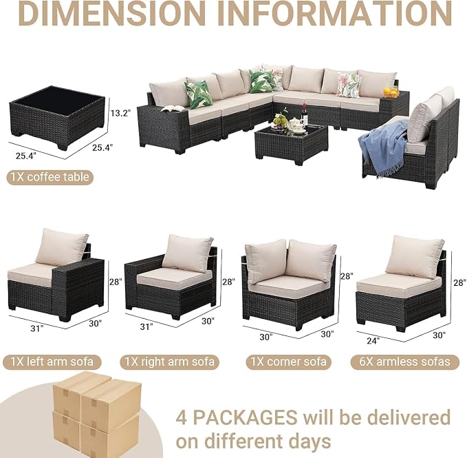 10-Piece Outdoor Patio Furniture Set with PE Wicker Sectional Sofa, Removable Cushions, Glass Coffee Table, Left and Right Armrest Rattan Conversation Set for Garden, Porch, Deck, Backyard(Beige)