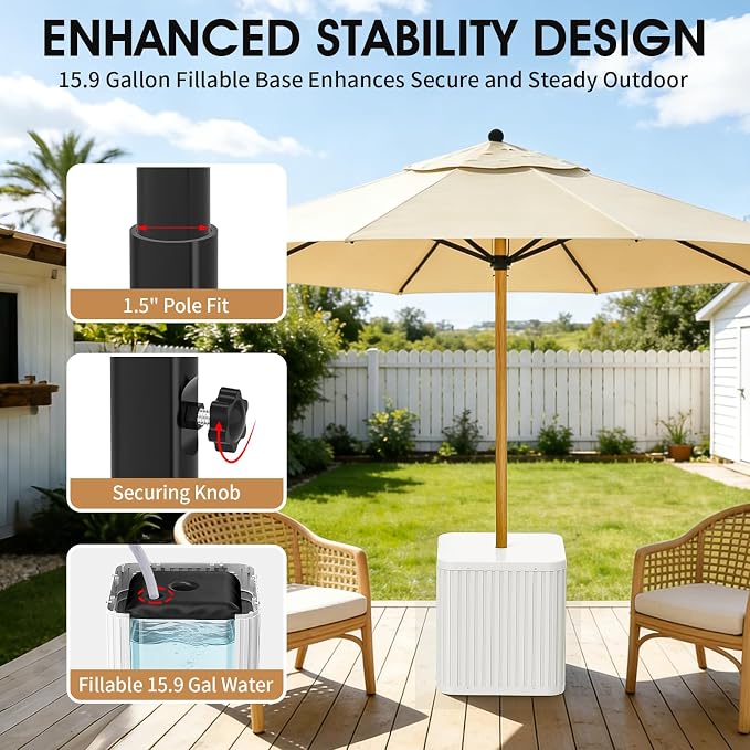 BoYata Outdoor Umbrella Side Table, 2-in-1 Outdoor Side Table with Umbrella Hole, 15.9 Gallon Fillable Umbrella Stand Base, Fit Up to 1.5" Pole, Square Patio Side Table for Poolside, Deck, Matte White