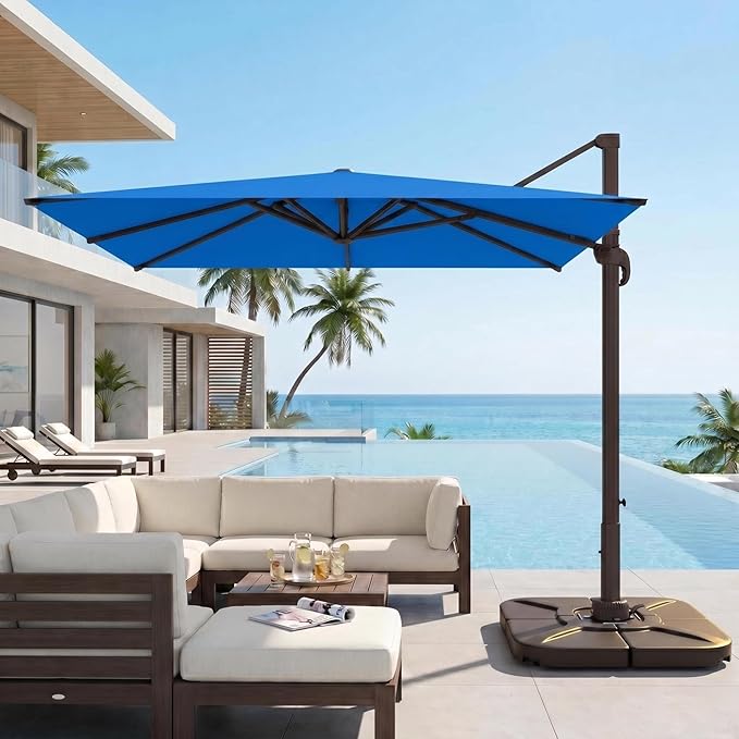 Kingdura 10' X 10' Cantilever Patio Umbrella with Base Included, Large Square Aluminum Outdoor Offset Umbrella with 360-degree Rotation, 4 Position Tilt, UV Protection for Pool Deck Garden Patio (Royal blue)