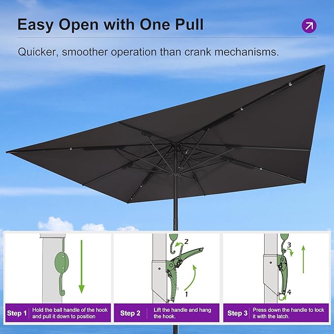 PURPLE LEAF 16' x 13' Rectangular Semi-Auto Outdoor Patio Umbrella Aluminium Market Umbrella Table Sun Umbrella with 3.15" Rod and 8 Sturdy Ribs for Deck Lawn Pool Garden, Gray