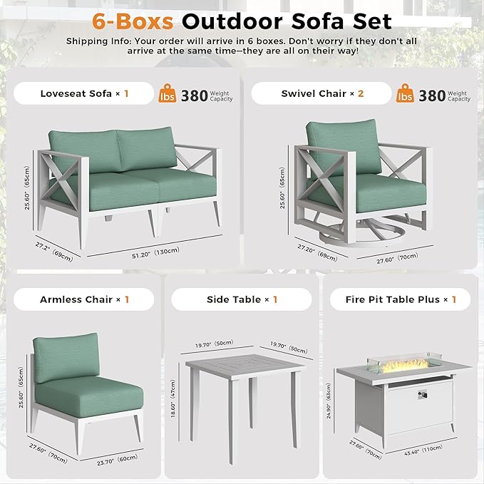 Aluminum 5-Seats Outdoor Patio Furniture Set with 43" Fire Pit Table, Sectional Conversation Sofa with 5.2" Thick Cushions & Swivel Rocking Chairs, Rust-Resistant Frame Sofa for Porch, Backyard, White
