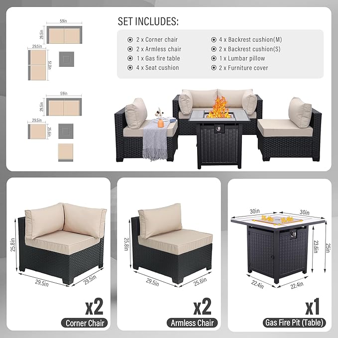 WAROOM Outdoor 5 Piece Patio Furniture Set, Black Rattan Conversation Couch Resin Wicker Sectional Sofa Outside Chair with Propane Fire Pit Table, Khaki Cushion
