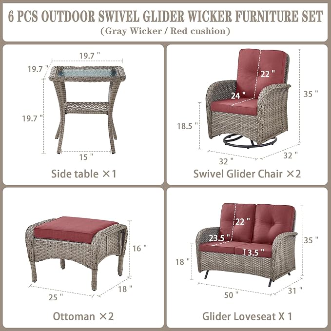 Belord 6 Pieces Wicker Patio Conversation Sets with Outdoor Swivel Rocker Chairs and Loveseat Glider Chair, All-Weather Rattan Furniture Set for Patio Deck Backyard Sunroom