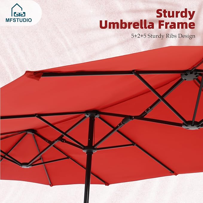 MFSTUDIO Patio Dining Set with Umbrella, Outdoor Dining Set for 6 Persons, Patio Furniture Set with 1 Rectangular Table Fixed Chairs 2 Swivel Chairs & Orange Red Umbrella (Base not Included)
