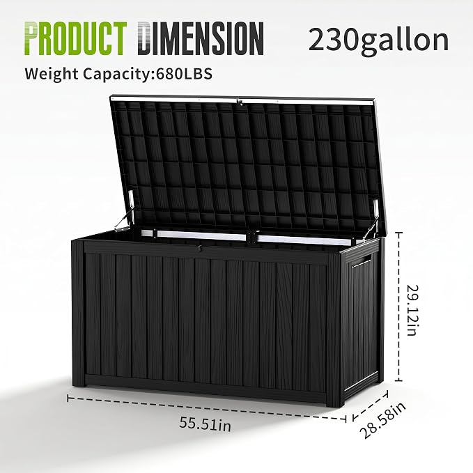 230 Gallon Outdoor Deck Storage Box, All Weather Vertical Wood Grain Lockable Heavy-Duty Storage Bin for Large Patio, Pool & Backyard Outdoor Equipment (Black,230GAL)