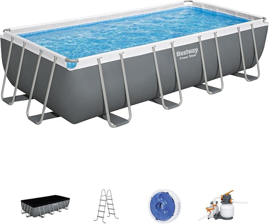Bestway Power Steel 18' x 9' x 48” Above Ground Pool, Rectangular Metal Frame Outdoor Swimming Pool Set with Sand Filter Pump, Ladder, and Cover