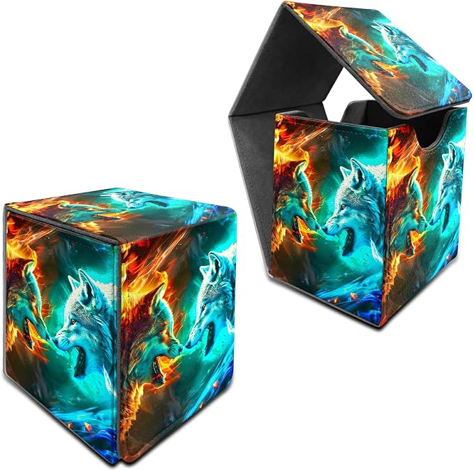 Deck Box for MTG, Cards Storage Box Fits 120+ Sleeved, Leather Medium Size Strong Magnetic Closing Card Case for Board Games Magic TCG CCG Baseball Collection, Two Flaming Wolves