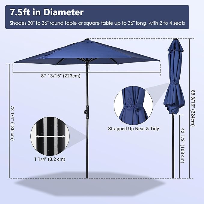Yescom 7.5ft Outdoor Bistro Market Table Umbrella for Restaurant Cafe Rental Patio 250th Celebration Lawn Party Event Shade Yard Deck Railing Parasol