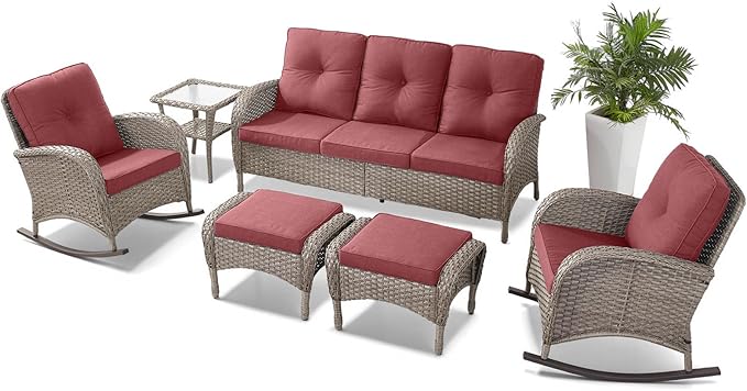 Belord 6 Pieces Patio Rocking Chairs Outdoor Furniture Set with Outdoor Couch and Ottoman Conversation Patio Furniture Set Perfect for Deck Sunroom Backyard Gray/Red