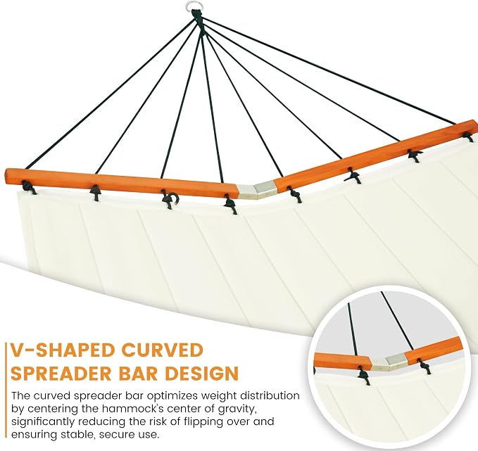 Lazy Daze Hammocks 12FT Quilted Double Hammock with V-Spreader Bar, 2 Person Portable Hammock with Nylon Rope, Side Pocket and Pillow, 450lbs Capacity, Includes Carry Bag for Outside, Natural