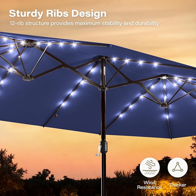 EO Living 13ft Large Patio Umbrella with Solar Lights, Double-Sided Rectangle Outdoor Umbrella with Base Included, 24 LED Lights Table Umbrella for Poolside Deck Market (Navy Blue)