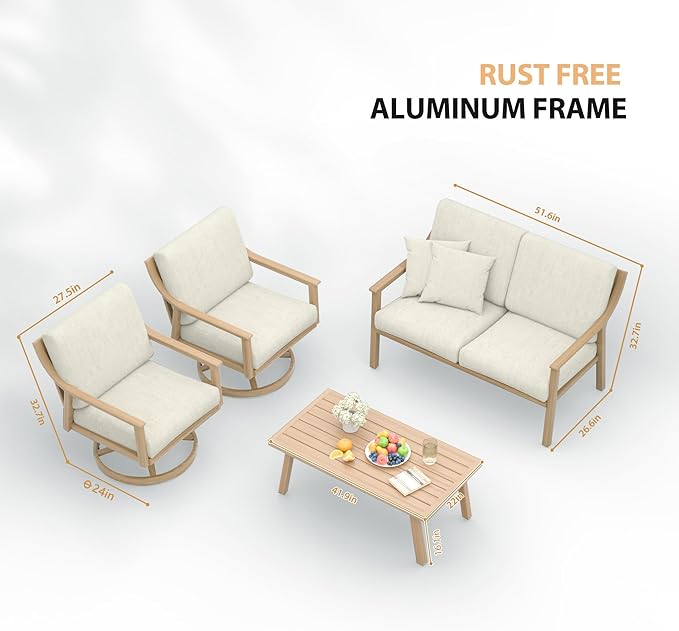 HAPPATIO 4-Piece Patio Furniture Set - Outdoor Aluminum Patio Conversation Set Includes 1 Loveseat, 2 Swivel Chairs, and 1 Coffee Table, Perfect for Porch, Deck, Garden, (Beige)