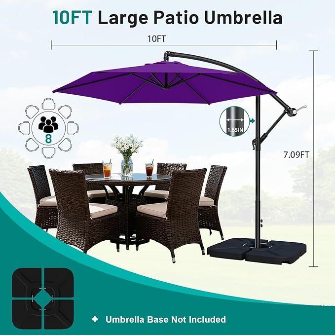 AreShark 10FT Patio Outdoor Umbrella, Offset Patio Umbrella Cantilever Umbrella, 6 Sturdy Ribs, Easy Adjustment for Garden Market Pool with Cross Base (Dark Purple)