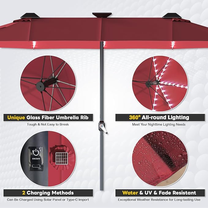 AECOJOY 15ft Double-Sided Patio Umbrella with Solar Lights, Outdoor Rectangle Market Large Patio Umbrella with Base Include, Crank Handle, 156 PCS LED Lights for Garden Deck Pool in Red (1.9" Pole)