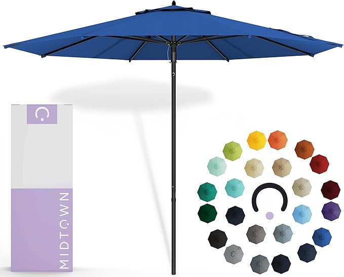 Midtown Umbrellas Push & Pop 9 Ft Patio Umbrellas with Push & Pop Mechanism, Fiberglass Ribs & Sunbrella Fabric – Outdoor Umbrella for Deck, Pool, Cafés and Hotels – Dark Blue Canopy, Black Pole