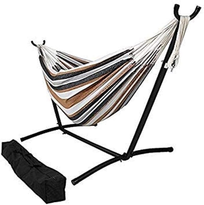 Brazilian Double Hammock Bed with Stand for 2 Person, Portable Steel Stand Hammock Bed for Indoor or Outdoor Use with Carrying Pouch in Desert Colors