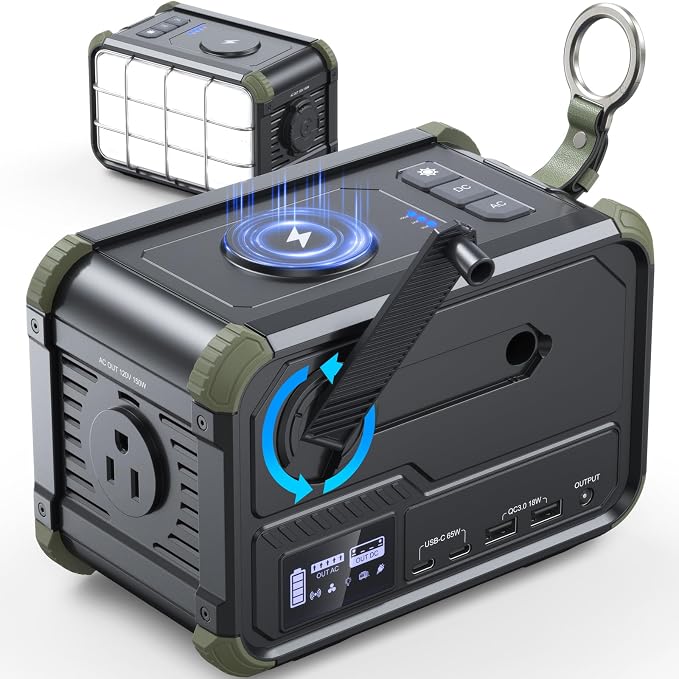 BROWEY Portable Power Station 153Wh Small Solar Generator with Hand Crank 120V 150W AC Outlet Lithium Battery Power Bank, Wireless Charging Emergency Charger for Outdoor Camping Travel Home Backup