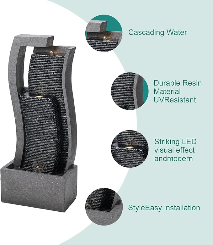 34" Outdoor Water Fountain - Durable Polyresin Modern Style Waterfall with LED Lights & Adjustable Pump, Serene Water Fountain Outdoor for Garden, Patio, Deck, and Backyard Decor (34.06")