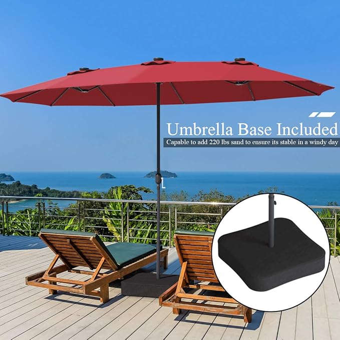 Tangkula 15 Ft Solar Patio Umbrella with Base, Extra Large Outdoor Double-Sided Twin Umbrella with 36 LED Lights & Crank Handle for Garden, Deck, Poolside, Patio (Burgundy)