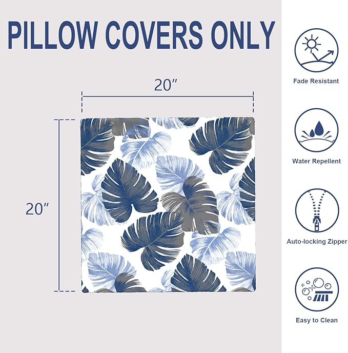 Pack of 2 Patio Throw Pillow Covers ONLY, Water Repellent Cushion Cases 20x20 Inch, Square Pillowcases for Outdoor Couch Decoration, Monstera Blue