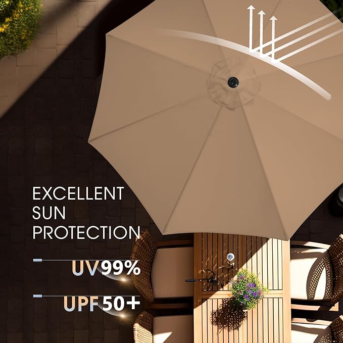 wikiwiki 11FT Patio Umbrella with Base, Outdoor Umbrellas with Base Included, 8 Sturdy Ribs, Waterproof Fade Resistant POLYESTER DTY Canopy for Deck, Lawn, Garden, Backyard & Pool, Tan