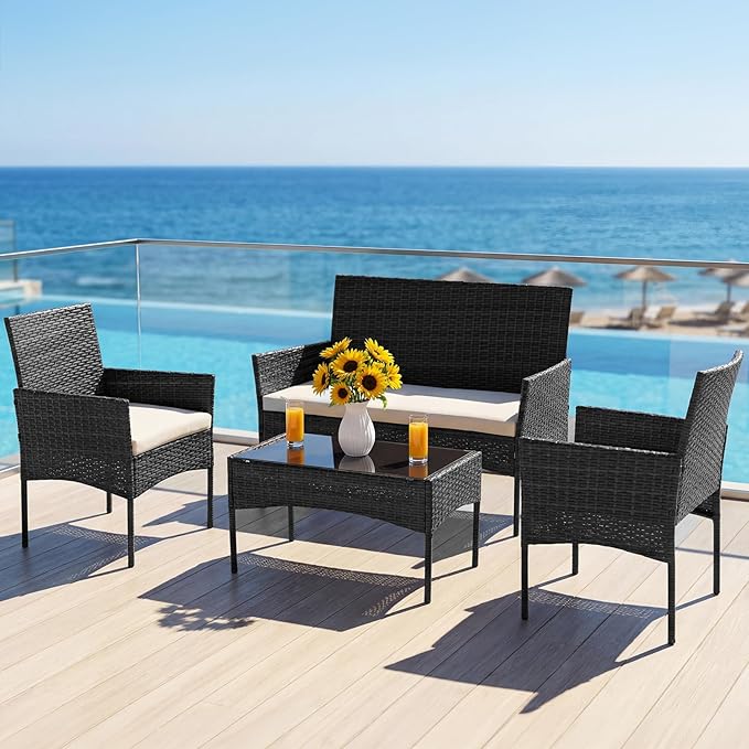 DUMOS 4 Piece Patio Furniture Set, All-Weather Outdoor Wicker Conversation Set with Removable Cushions & Tempered Glass Coffee Table, for Porch, Balcony, Lawn, Backyard, Black