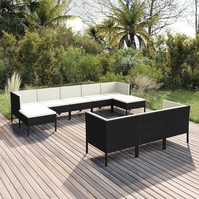 10 Piece Patio Lounge Set with Cushions,Patio Sofa,Outdoor Daybed,Patio Seating,Outdoor Furniture Sets,Patio Conversation Sets,Modern Set,Outdoor Patio Chairs,Patio Furniture Set, Poly Rattan Black