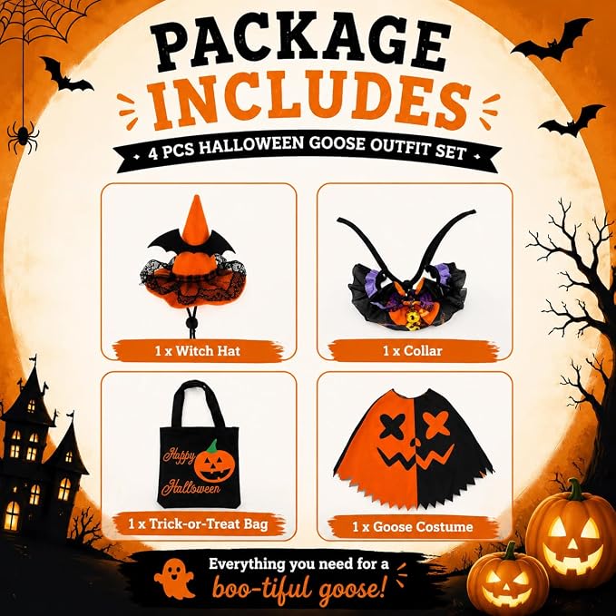 Halloween Porch Goose Outfits for 23'' Lawn Geese Statue Goose Costume with Witch Hat Pumpkin Outfits Bow Candy Treat Bag, Outdoor Garden Goose Decor for Patio Yard Lawn Art Halloween Ornament