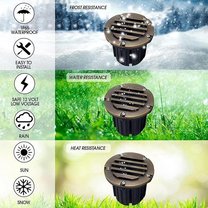 LED Low Voltage Landscape Lighting Well Lights 112 - Solid Brass In Ground Lights for Outside, Long Lasting Home and Garden 12 Volt Landscape Lighting with Ground Spake & Connectors (Without Bulb)
