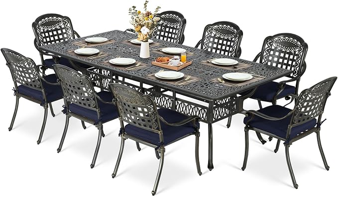 MEETWARM 9-Piece Outdoor Patio Dining Set for 8, All Weather Cast Aluminum Patio Funiture Table and Chairs Set- 94.5” Rectangular Table and 8 Cushioned Chairs for Garden, 2" Umbrella Hole, Navy Blue