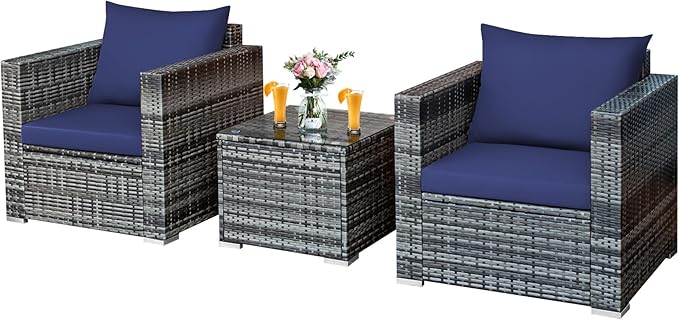 DORTALA 3 Pieces Patio Furniture Set, Outdoor Rattan Sofa Couch Set with Cushions, Tempered Glass Coffee Table, Wicker Patio Conversation Set for Lawn Backyard Poolside Balcony, Navy